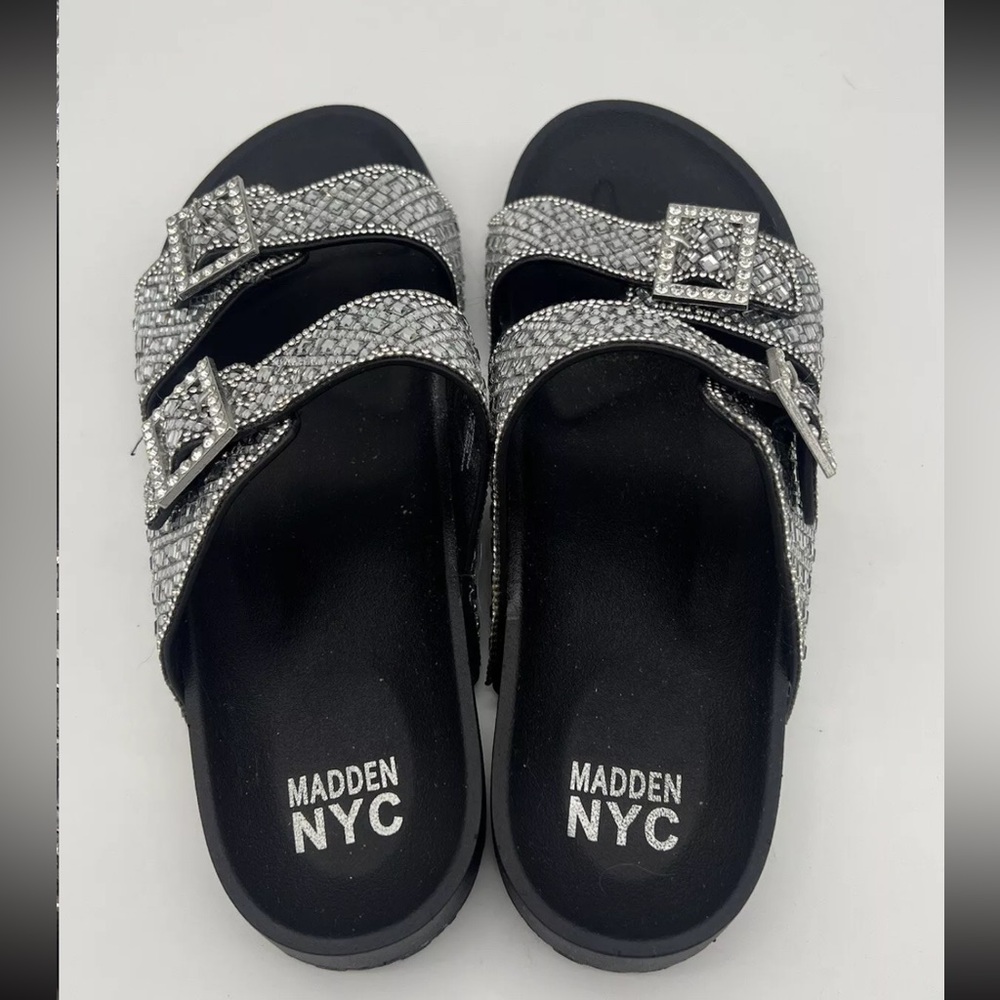 Madden NYC 11 Black Silver Bling Rhinestone Buckle Slip On Slides Sandals Shoes - Picture 6 of 9